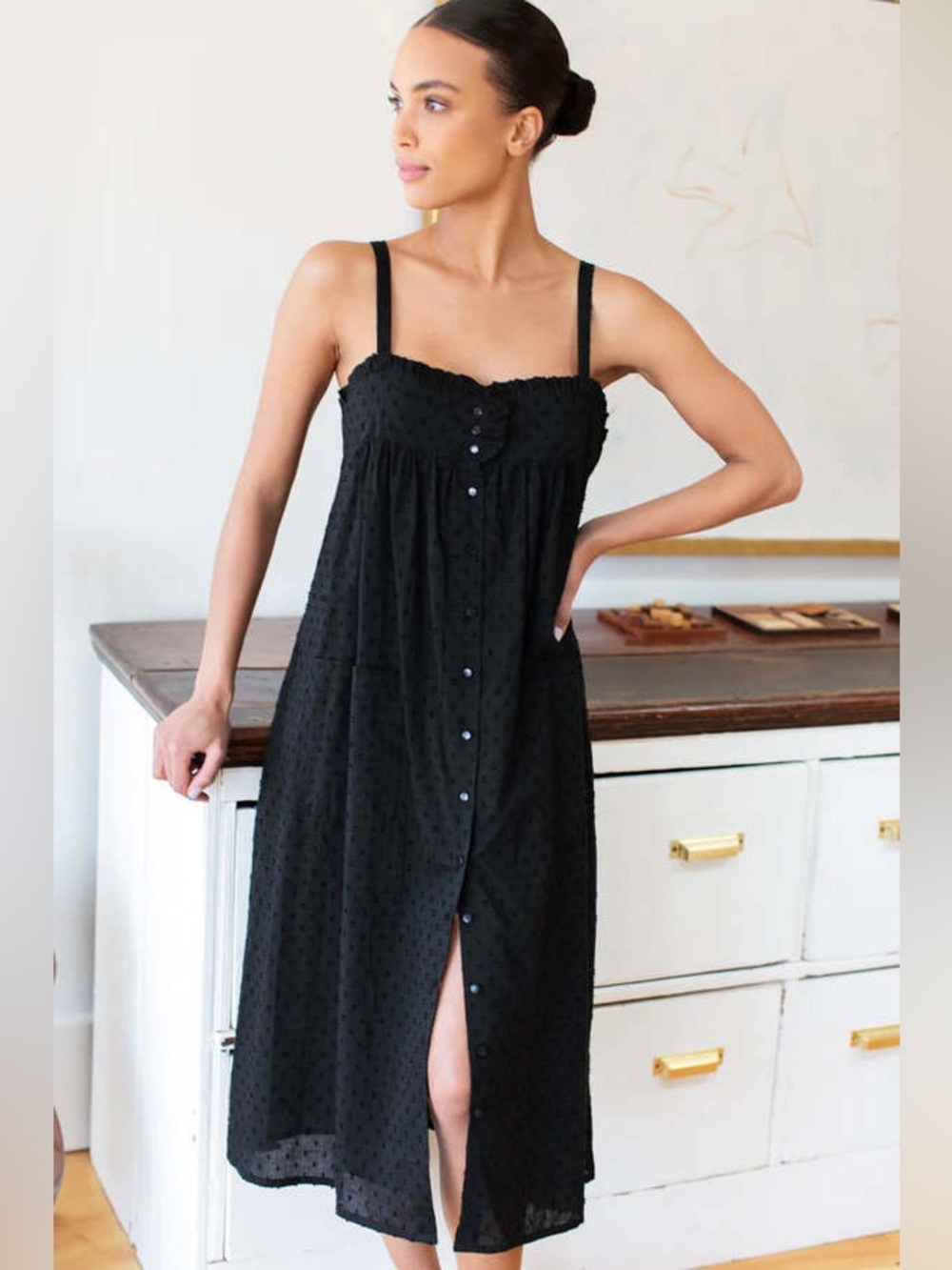 Emerson Fry‎ Astrid midi dress swiss dot Black organic cotton XS coastal boho